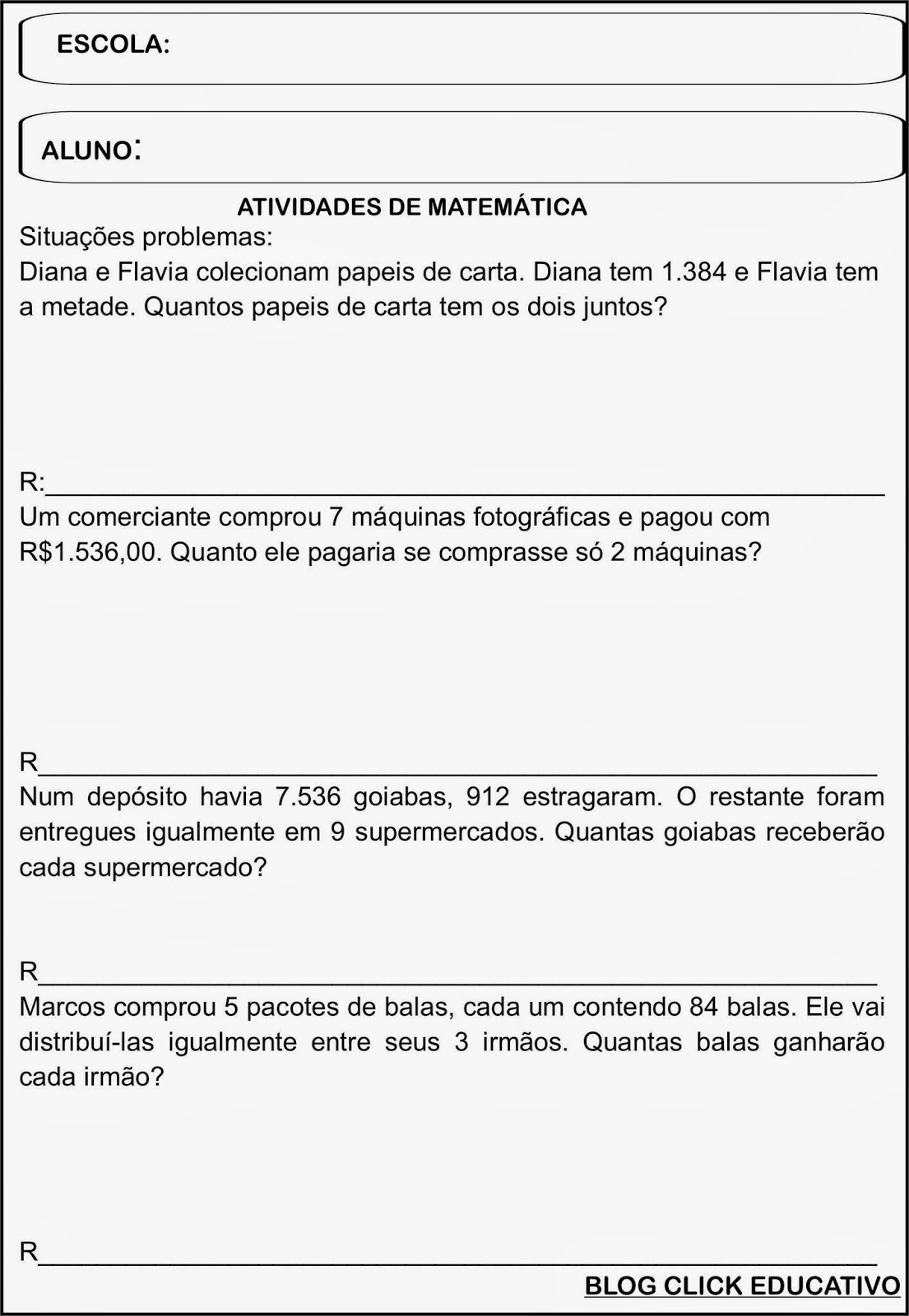 Atividades De Matematica 4 Ano Situações Problemas Adição E Subtração