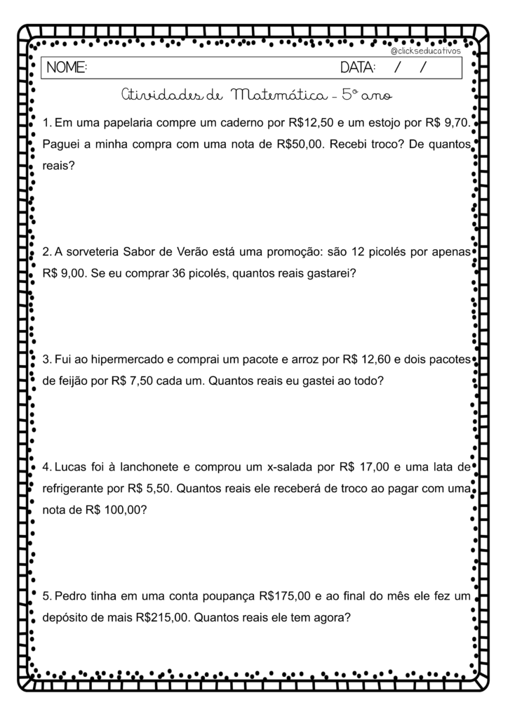 Atividade sistema monetário 5º ano