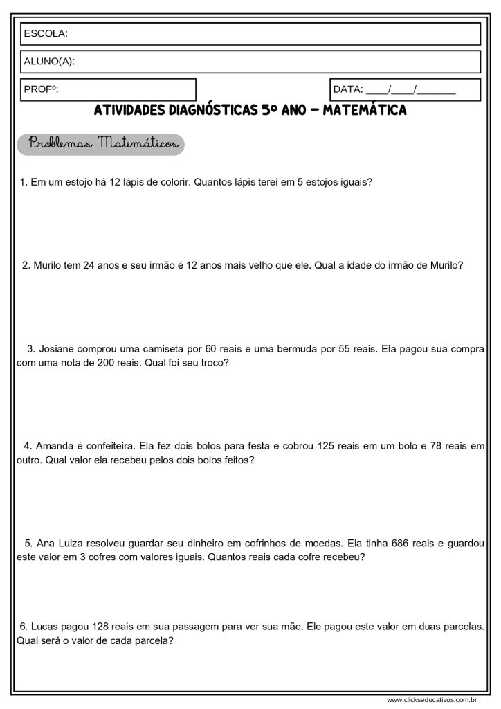 avaliações diagnósticas de matemática 5º ano